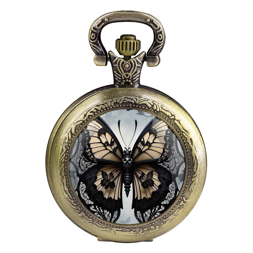 Fashion Vintage Butterfly Quartz Pocket Watches with Chain Elegant Pendant Clock Necklace Accessories Men Women Exquisite Gifts