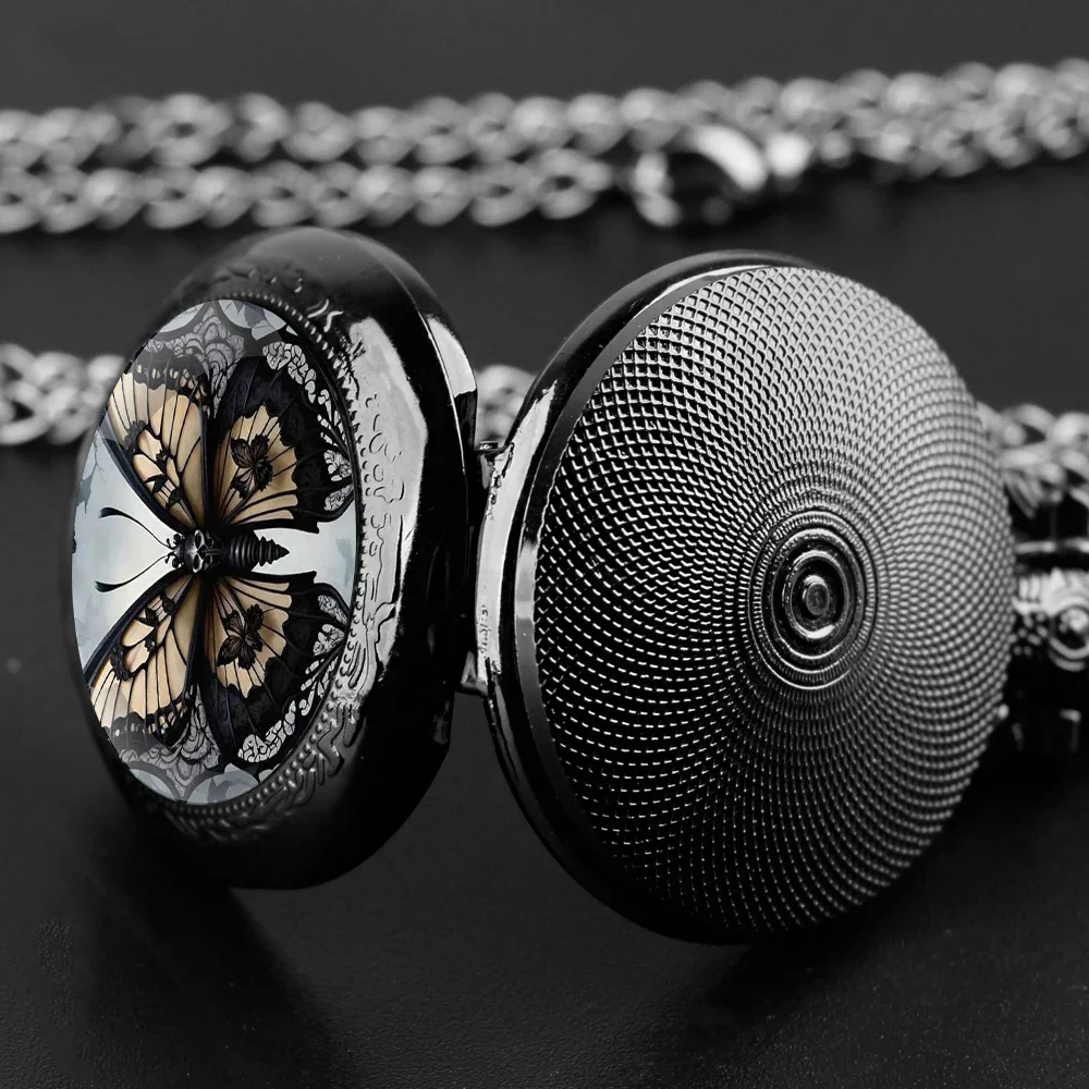 Fashion Vintage Butterfly Quartz Pocket Watches with Chain Elegant Pendant Clock Necklace Accessories Men Women Exquisite Gifts