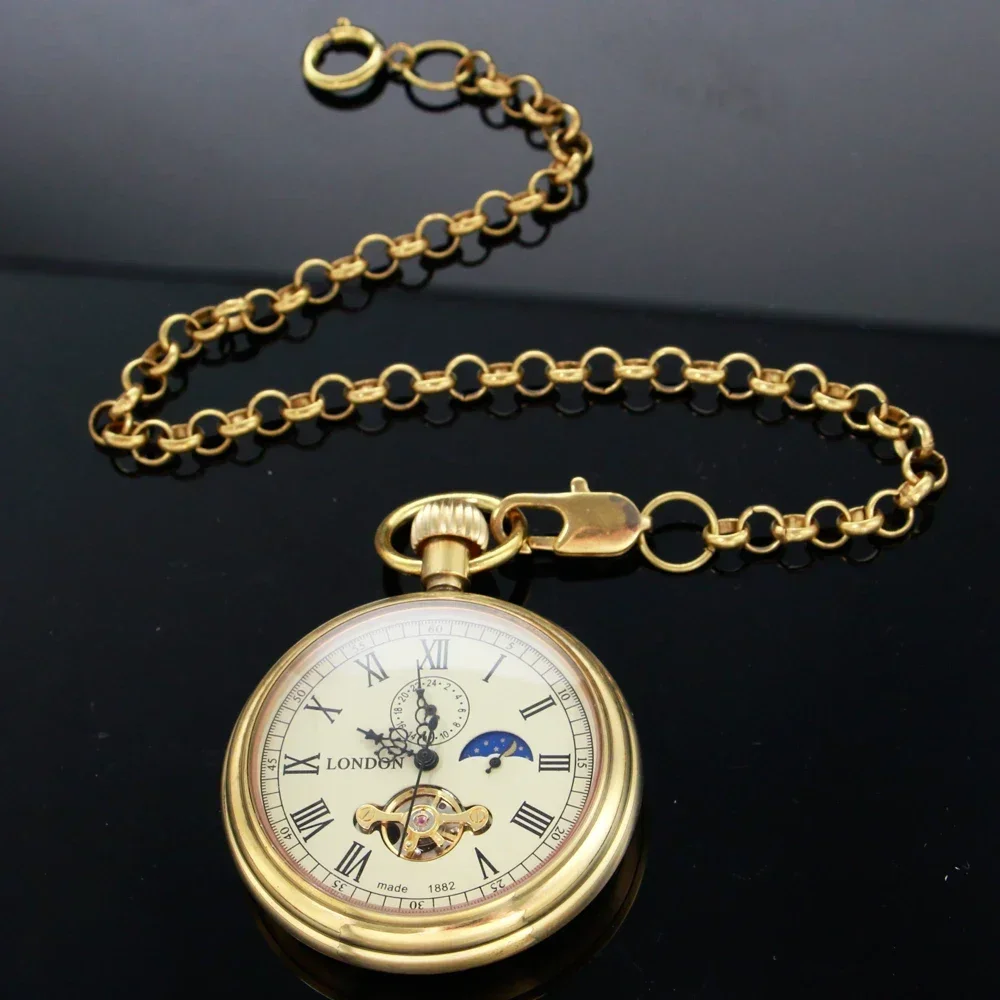 NEW Luxury golden Pure copper Mechanical Pocket Watch Roman Numerals Moon-phase Pocket Clock with Chain