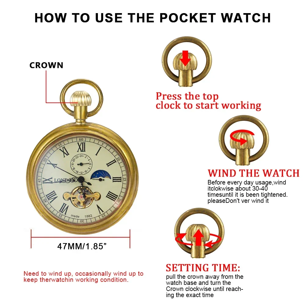 NEW Luxury golden Pure copper Mechanical Pocket Watch Roman Numerals Moon-phase Pocket Clock with Chain