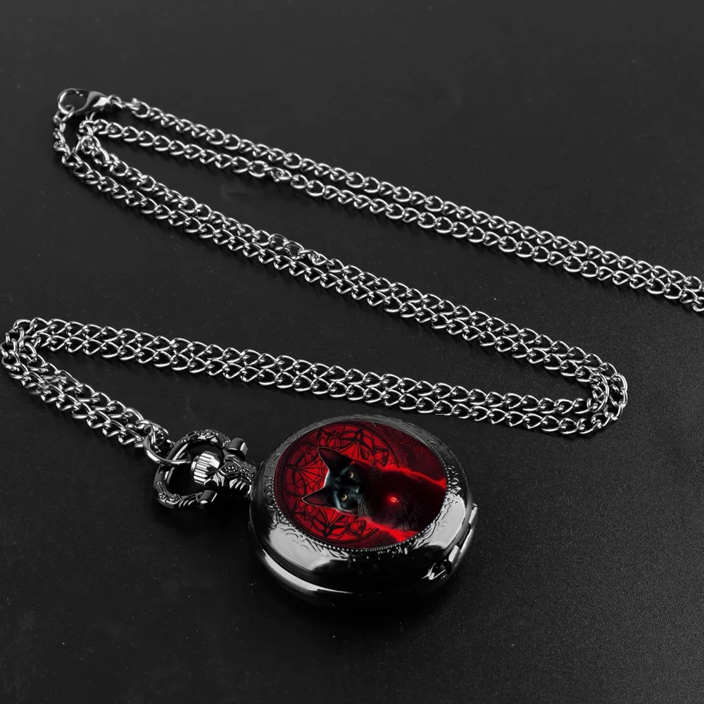 Black Cat Gazing Quartz Pocket Watch Woman Fashion Watch Necklace with Chain Man Watches Souvenir Gifts for Cat Lovers Children