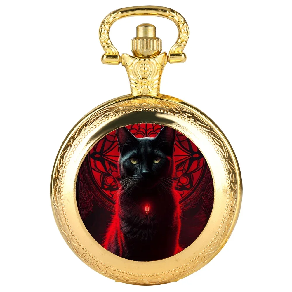 Black Cat Gazing Quartz Pocket Watch Woman Fashion Watch Necklace with Chain Man Watches Souvenir Gifts for Cat Lovers Children