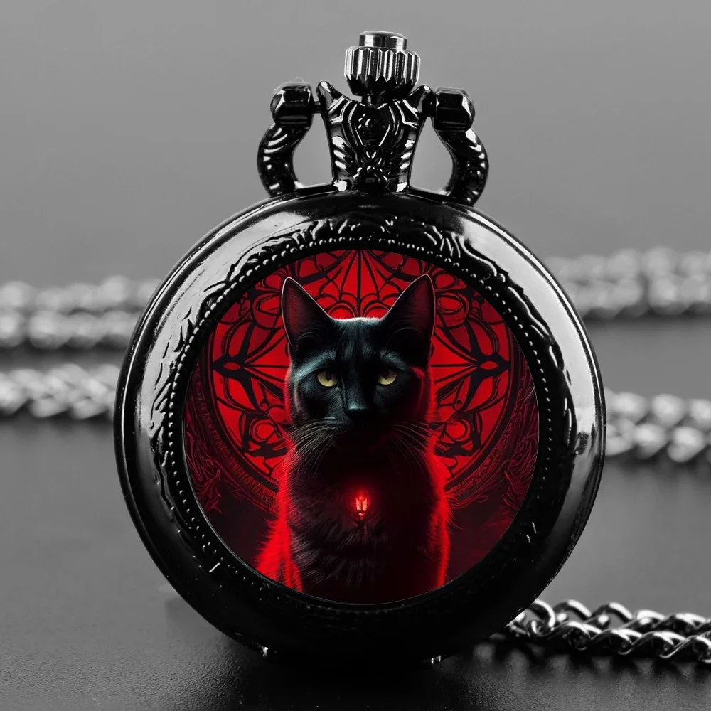 Black Cat Gazing Quartz Pocket Watch Woman Fashion Watch Necklace with Chain Man Watches Souvenir Gifts for Cat Lovers Children