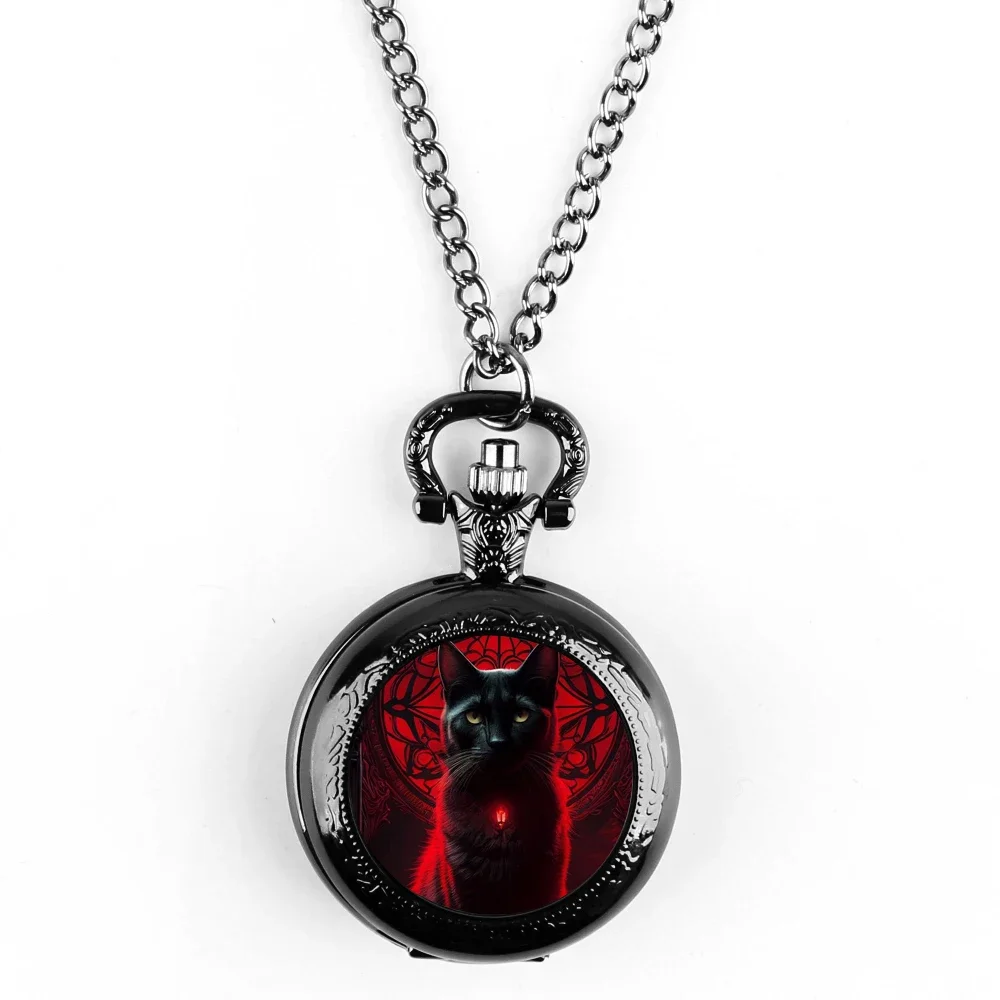 Black Cat Gazing Quartz Pocket Watch Woman Fashion Watch Necklace with Chain Man Watches Souvenir Gifts for Cat Lovers Children