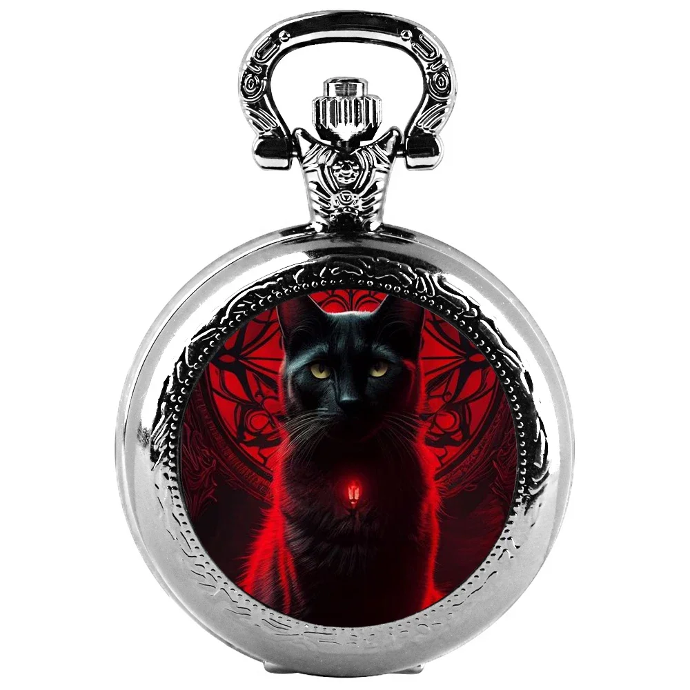Black Cat Gazing Quartz Pocket Watch Woman Fashion Watch Necklace with Chain Man Watches Souvenir Gifts for Cat Lovers Children