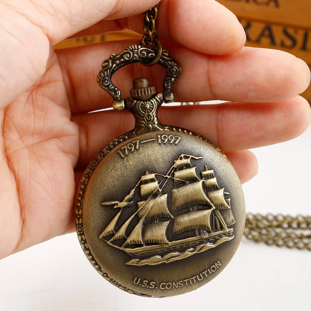 Vintage Bronze Sailboat Ship Quartz Pocket Watch FOB Sweater Chain Necklace Clock Mens Womens Gifts Reloj Montre