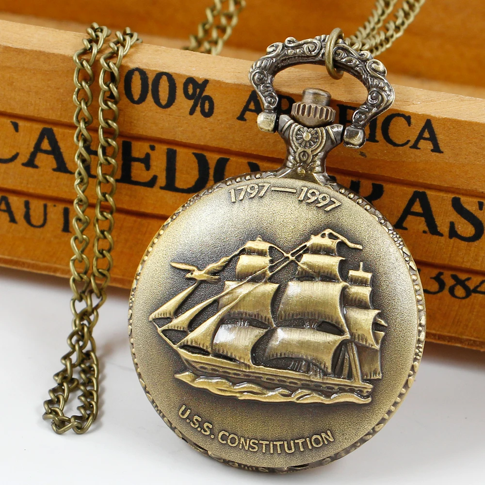 Vintage Bronze Sailboat Ship Quartz Pocket Watch FOB Sweater Chain Necklace Clock Mens Womens Gifts Reloj Montre