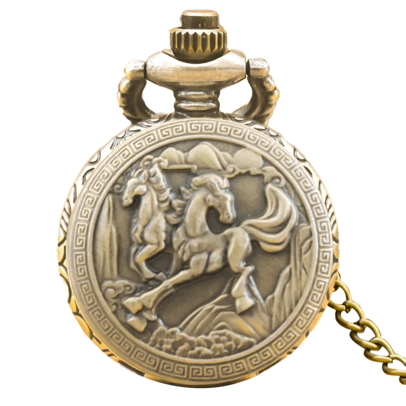 Small Vintage Bronze Steampunk Steed Carved Trumpet Quartz Pocket Watch Necklace Pendant Clock Chain Men Women Chain Gift