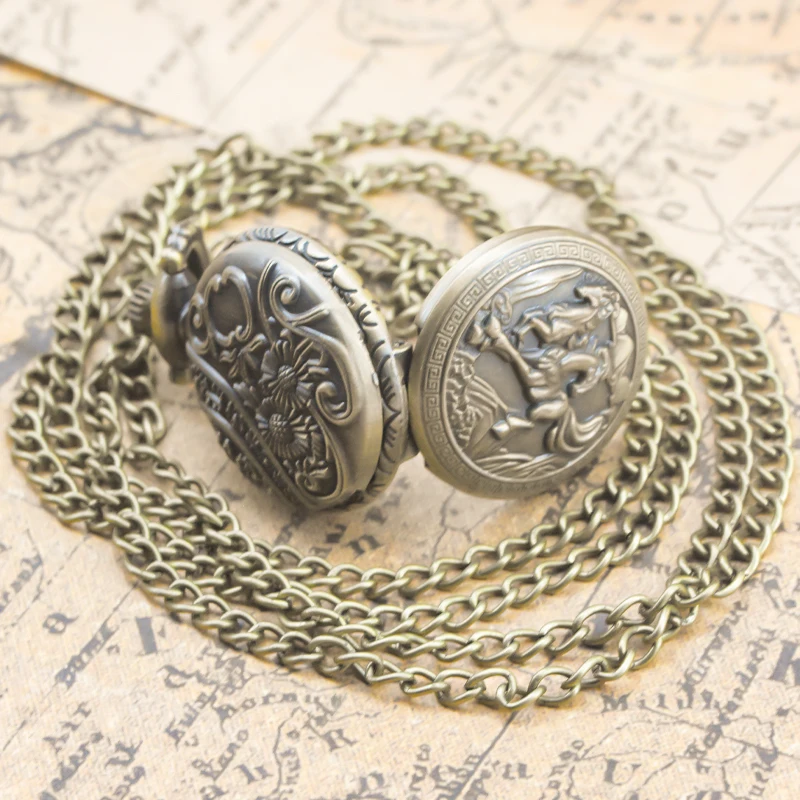 Small Vintage Bronze Steampunk Steed Carved Trumpet Quartz Pocket Watch Necklace Pendant Clock Chain Men Women Chain Gift