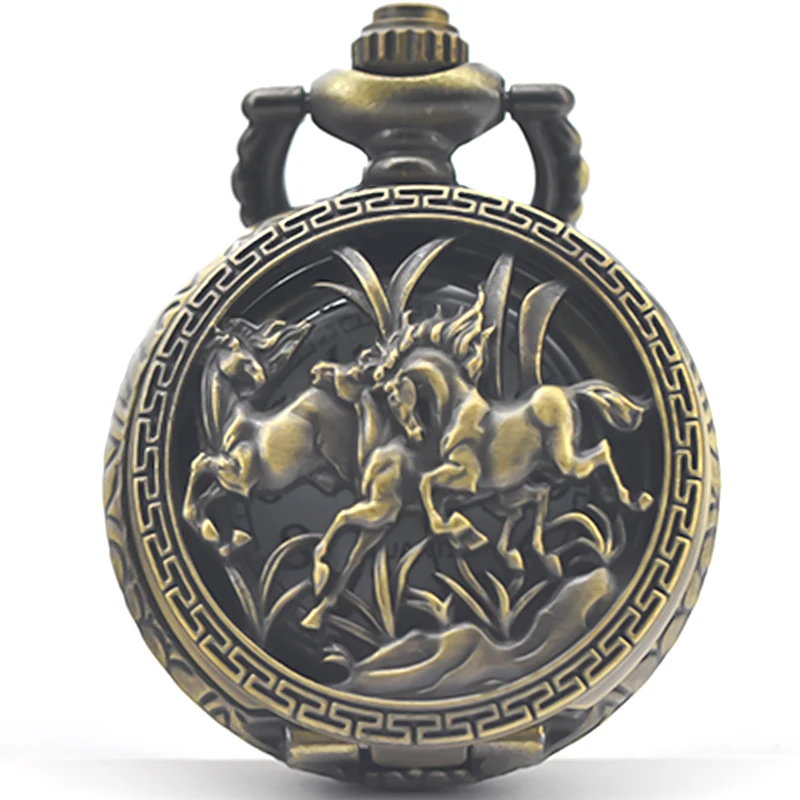 Small Vintage Bronze Steampunk Steed Carved Trumpet Quartz Pocket Watch Necklace Pendant Clock Chain Men Women Chain Gift