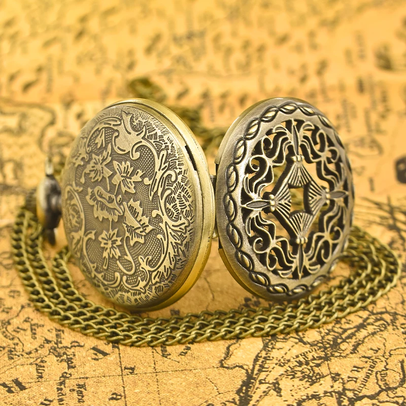 Vintage Bronze Clamshell Cutout Creative Carved Necklace Quartz Pocket Watch Fashion Male And Female Students Universal