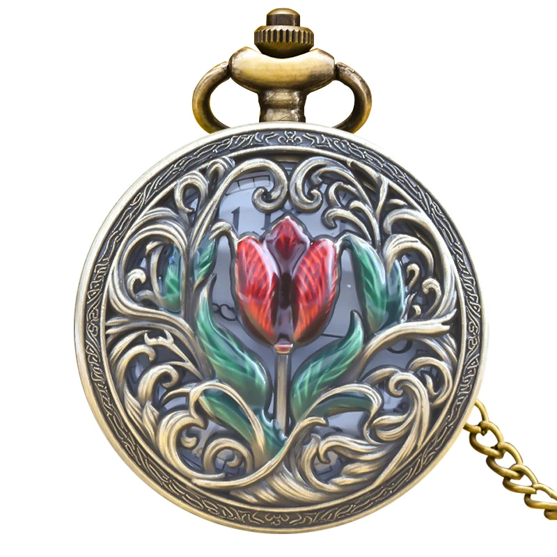 Retro Bronze Steampunk Floral Carving Flip-Top Male And Female Student Gift Quartz Necklace Commemorative Pocket Watch