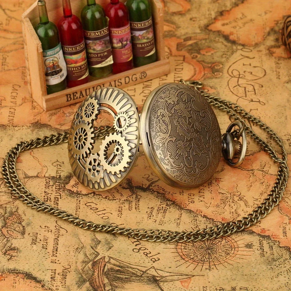 Steampunk Quartz Pocket Watch Retro Gearwheel Analog Necklace Chain Watch Sweater Clothing Accessory Gift For Women Men