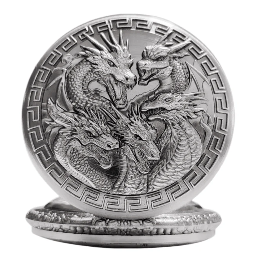 Vintage Steampunk Handsome Dragon Group Carved Quartz Pocket Watch Necklace Pendant Clock Chain Men's and Women's Gifts
