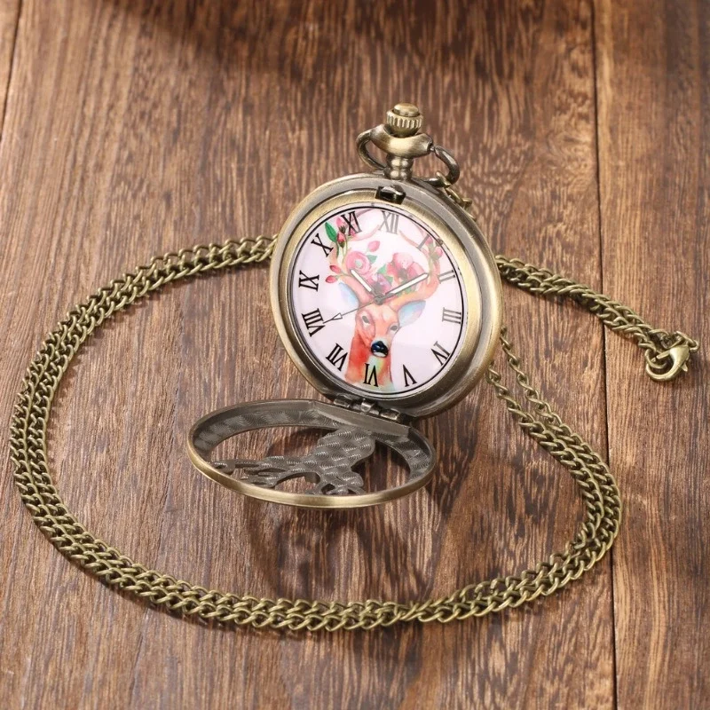 Popular Vintage Bronze Quartz Movement Pocket Watch Hollowed-Out Deer Head Carved Christmas Gifts For Men And Women