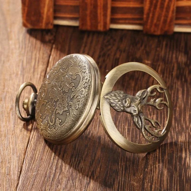 Popular Vintage Bronze Quartz Movement Pocket Watch Hollowed-Out Deer Head Carved Christmas Gifts For Men And Women