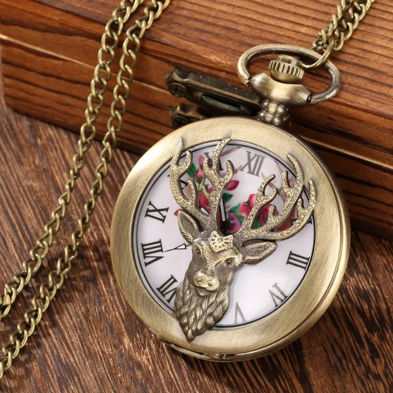 Popular Vintage Bronze Quartz Movement Pocket Watch Hollowed-Out Deer Head Carved Christmas Gifts For Men And Women