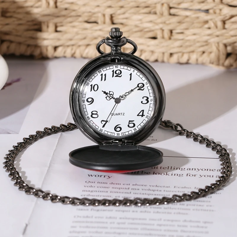Comic Black Antique Quartz Pocket Watch Cartoon Fob Chain Pendant Clock Cosplay Gifts for Men Women Fans