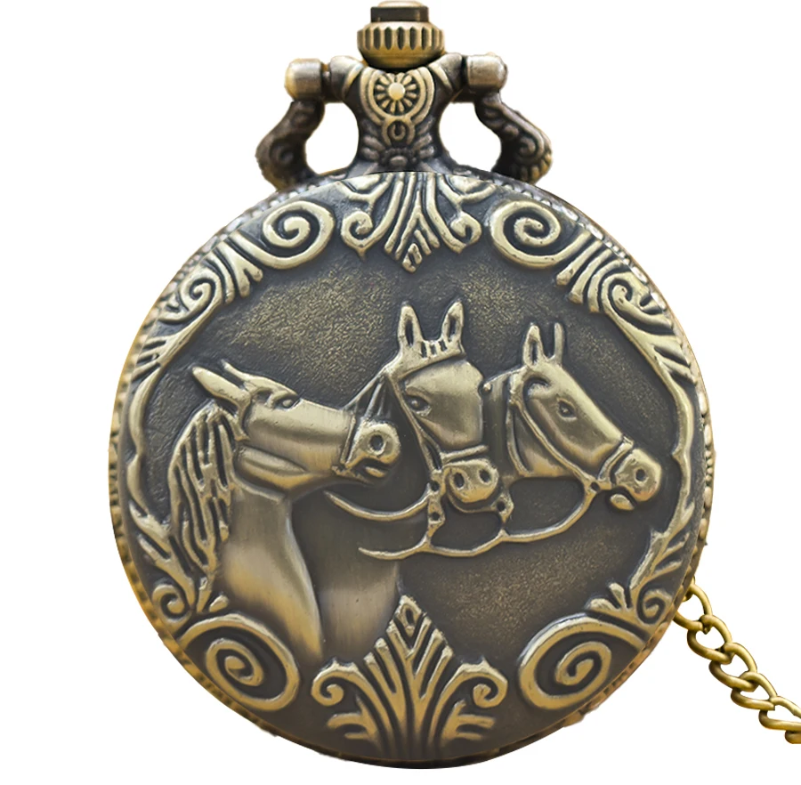 Retro Charm Neutral Fashion Three Horse Carving Quartz Steampunk Pocket Watch Men's and Women's Necklace Pendant Gift