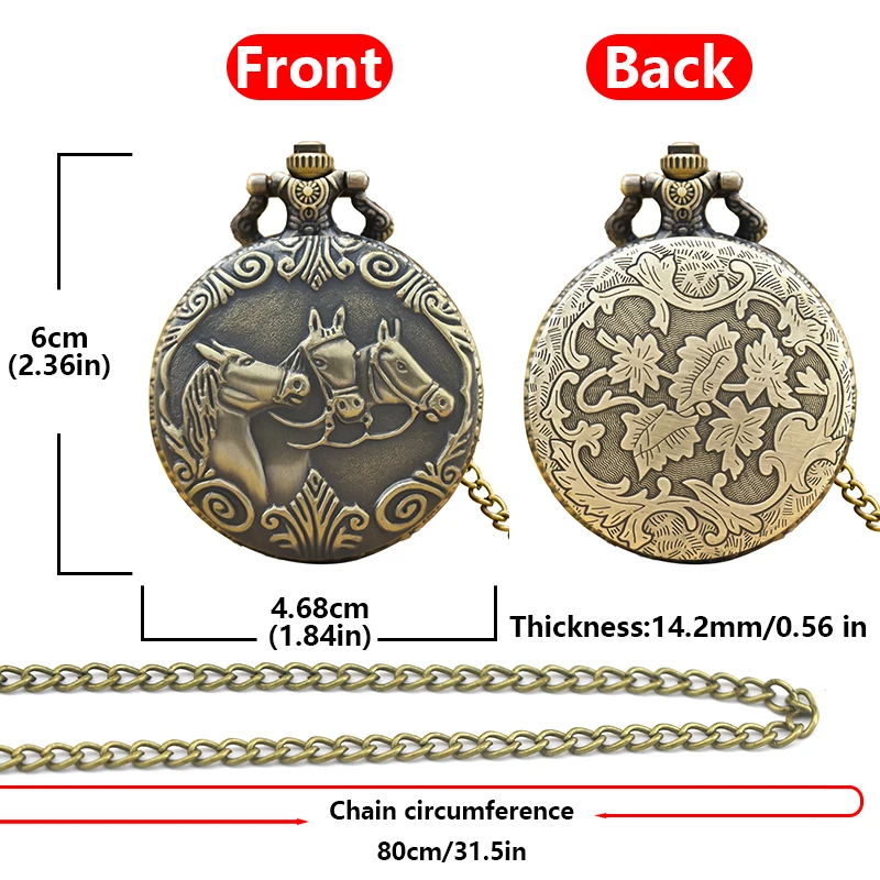 Retro Charm Neutral Fashion Three Horse Carving Quartz Steampunk Pocket Watch Men's and Women's Necklace Pendant Gift