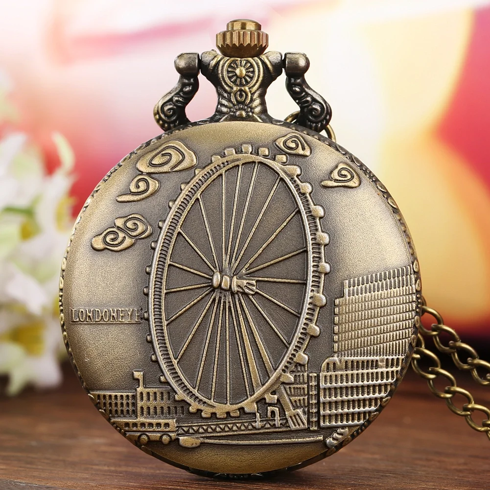 Vintage Bronze London Eye/Big Ben/Bridge Stone Men's And Women's Pocket Watch Necklace Famous Scenic Spot Series Gifts