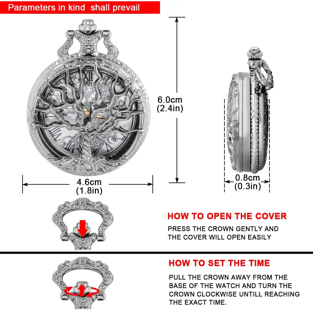 Hollow Tree of Life Design Pocket Watch Roman Numerals Quartz Pocket Watches with Chain Necklace for Men Women