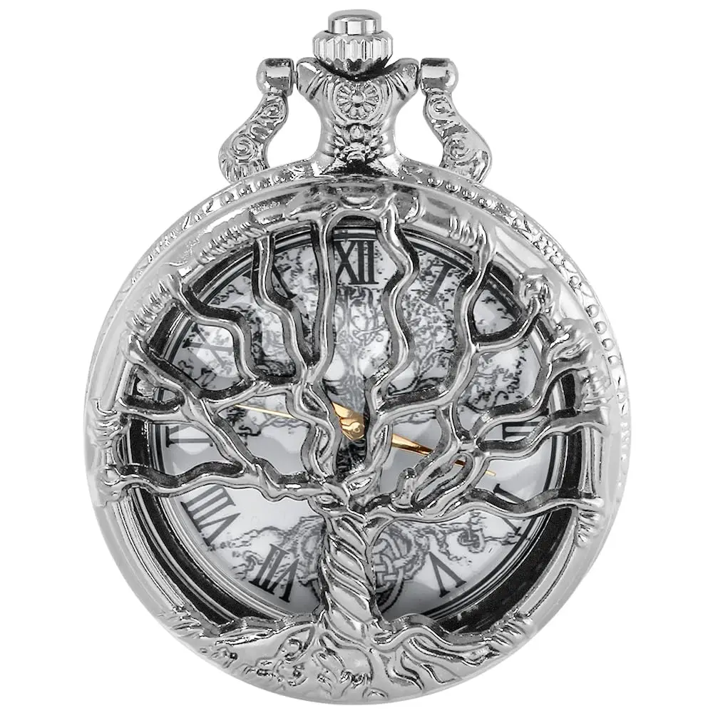Hollow Tree of Life Design Pocket Watch Roman Numerals Quartz Pocket Watches with Chain Necklace for Men Women
