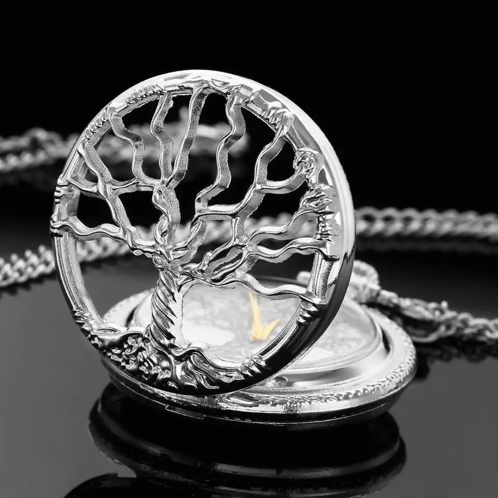 Hollow Tree of Life Design Pocket Watch Roman Numerals Quartz Pocket Watches with Chain Necklace for Men Women