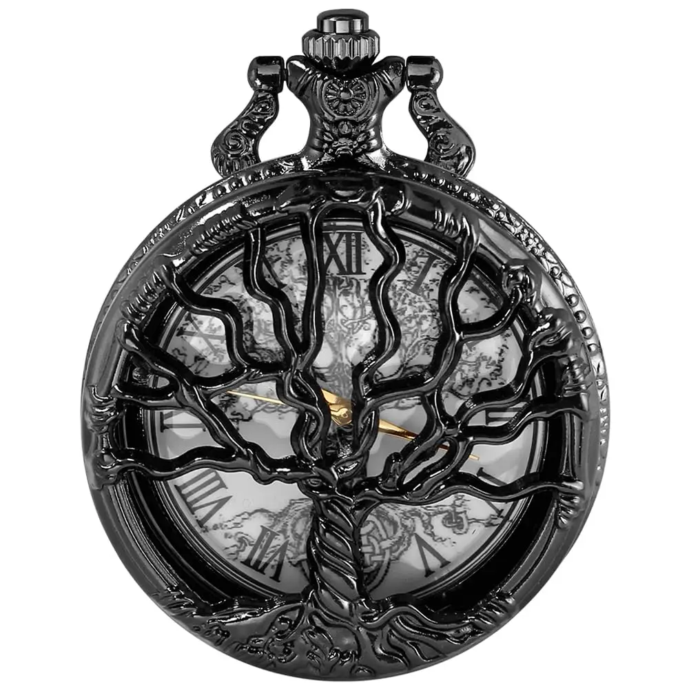 Hollow Tree of Life Design Pocket Watch Roman Numerals Quartz Pocket Watches with Chain Necklace for Men Women