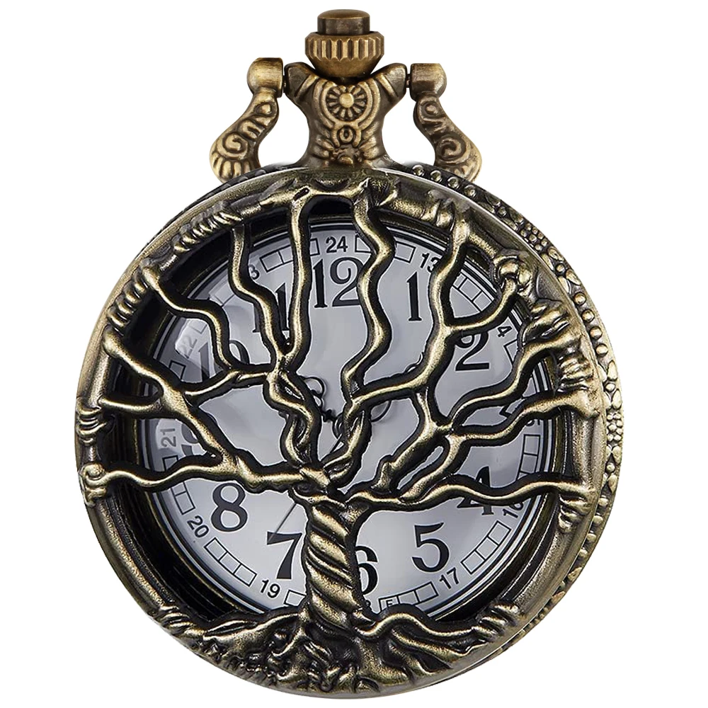 Hollow Tree of Life Design Pocket Watch Roman Numerals Quartz Pocket Watches with Chain Necklace for Men Women