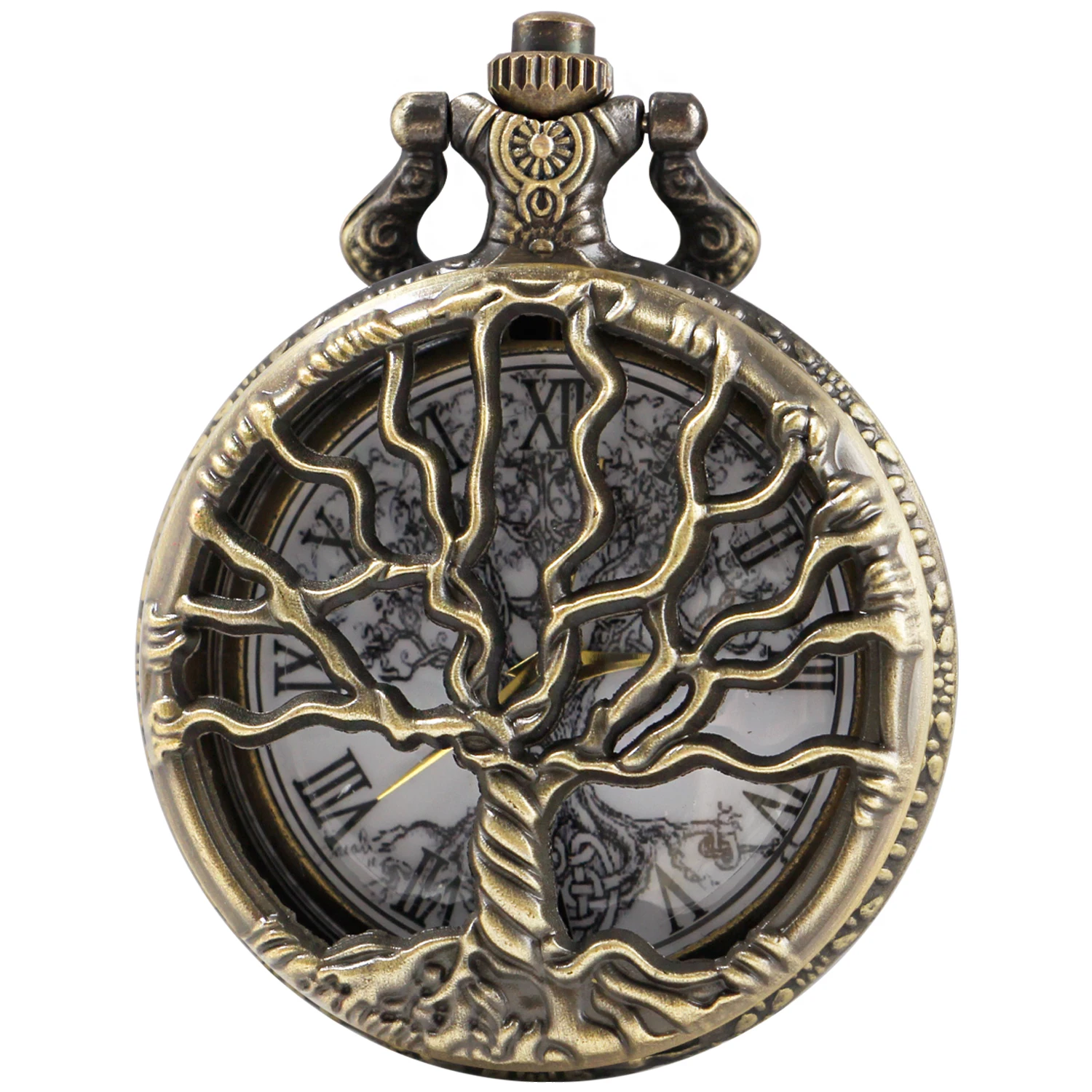 Hollow Tree of Life Design Pocket Watch Roman Numerals Quartz Pocket Watches with Chain Necklace for Men Women