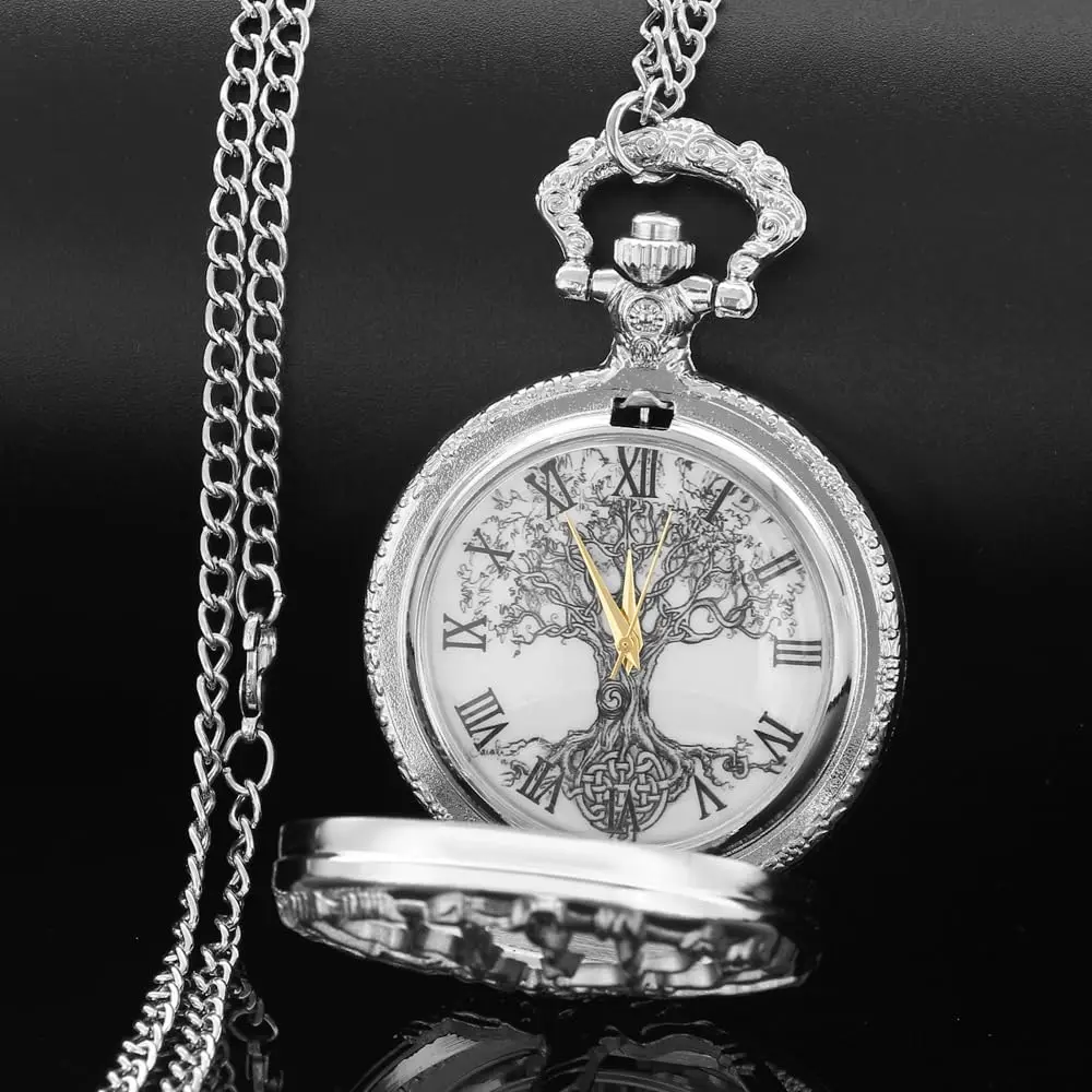 Hollow Tree of Life Design Pocket Watch Roman Numerals Quartz Pocket Watches with Chain Necklace for Men Women