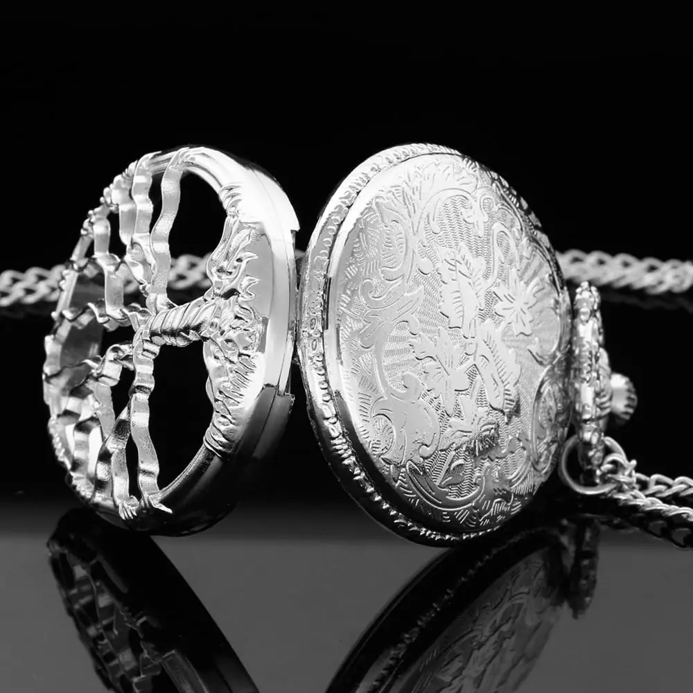 Hollow Tree of Life Design Pocket Watch Roman Numerals Quartz Pocket Watches with Chain Necklace for Men Women