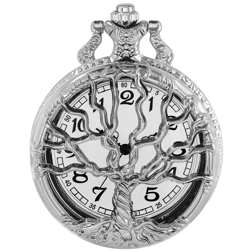 Hollow Tree of Life Design Pocket Watch Roman Numerals Quartz Pocket Watches with Chain Necklace for Men Women