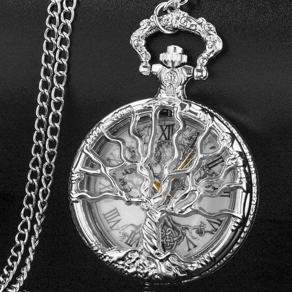 Hollow Tree of Life Design Pocket Watch Roman Numerals Quartz Pocket Watches with Chain Necklace for Men Women
