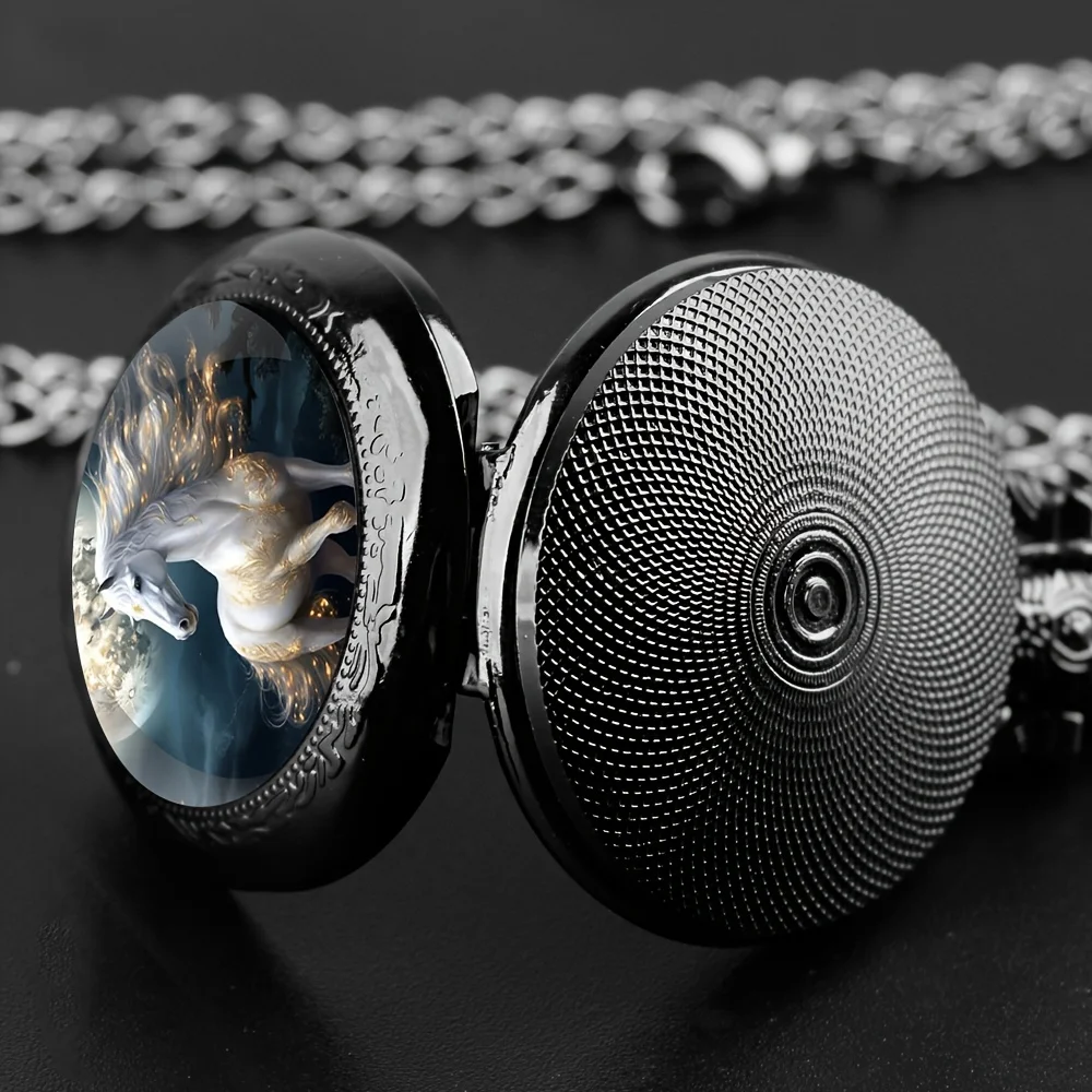 Retro Unique Silvery Horse Animal Design Necklace Pendant Quartz Pocket Watch, Cool Exquisite Accessory for Men Women and Kids