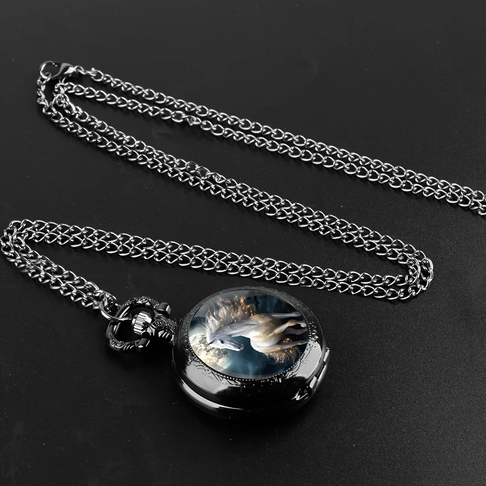 Retro Unique Silvery Horse Animal Design Necklace Pendant Quartz Pocket Watch, Cool Exquisite Accessory for Men Women and Kids