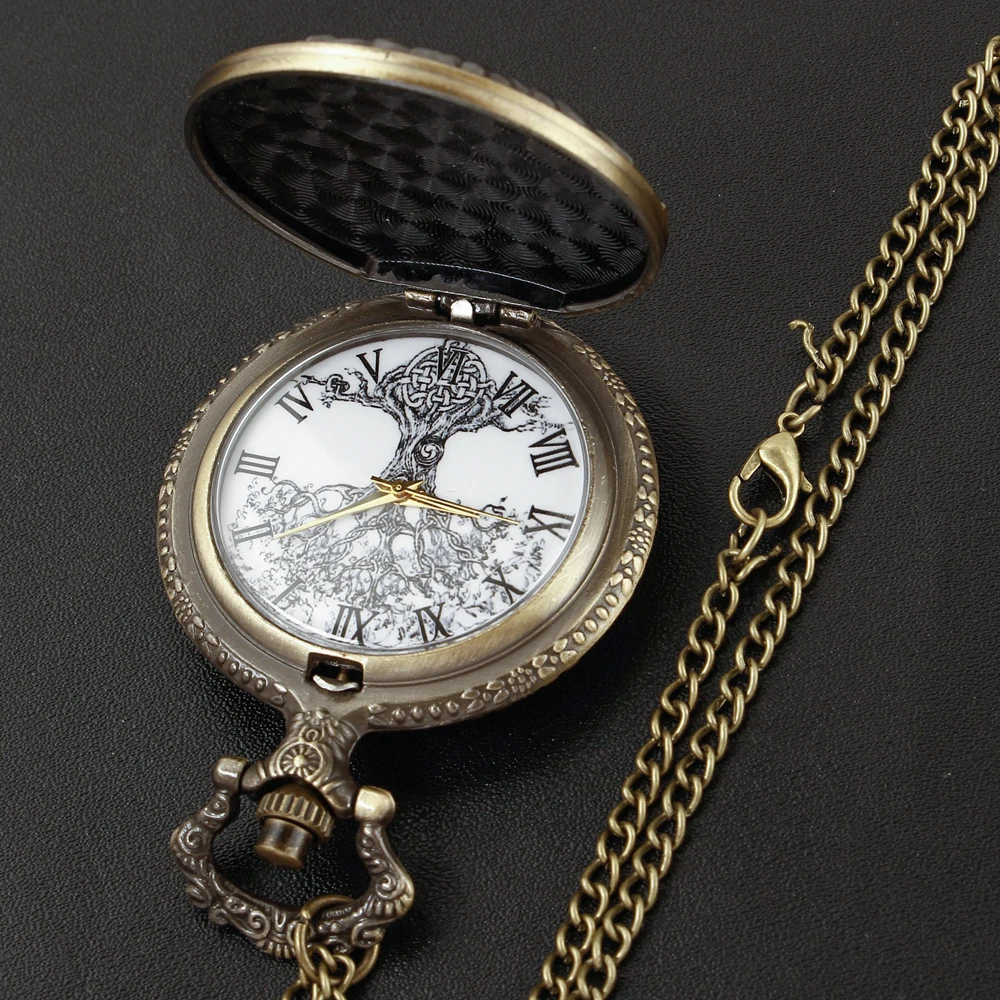 Vintage All Black Pocket Watch Tree of Life Pattern Sketch Ink Painting Dial Pockets Watch Antique Necklace Quartz fob Clock