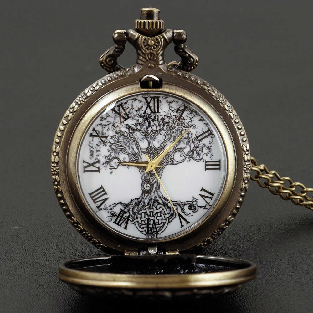 Vintage All Black Pocket Watch Tree of Life Pattern Sketch Ink Painting Dial Pockets Watch Antique Necklace Quartz fob Clock