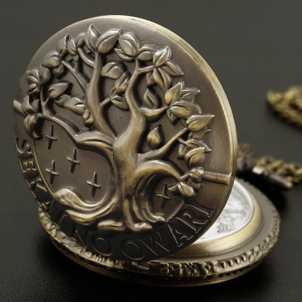 Vintage All Black Pocket Watch Tree of Life Pattern Sketch Ink Painting Dial Pockets Watch Antique Necklace Quartz fob Clock