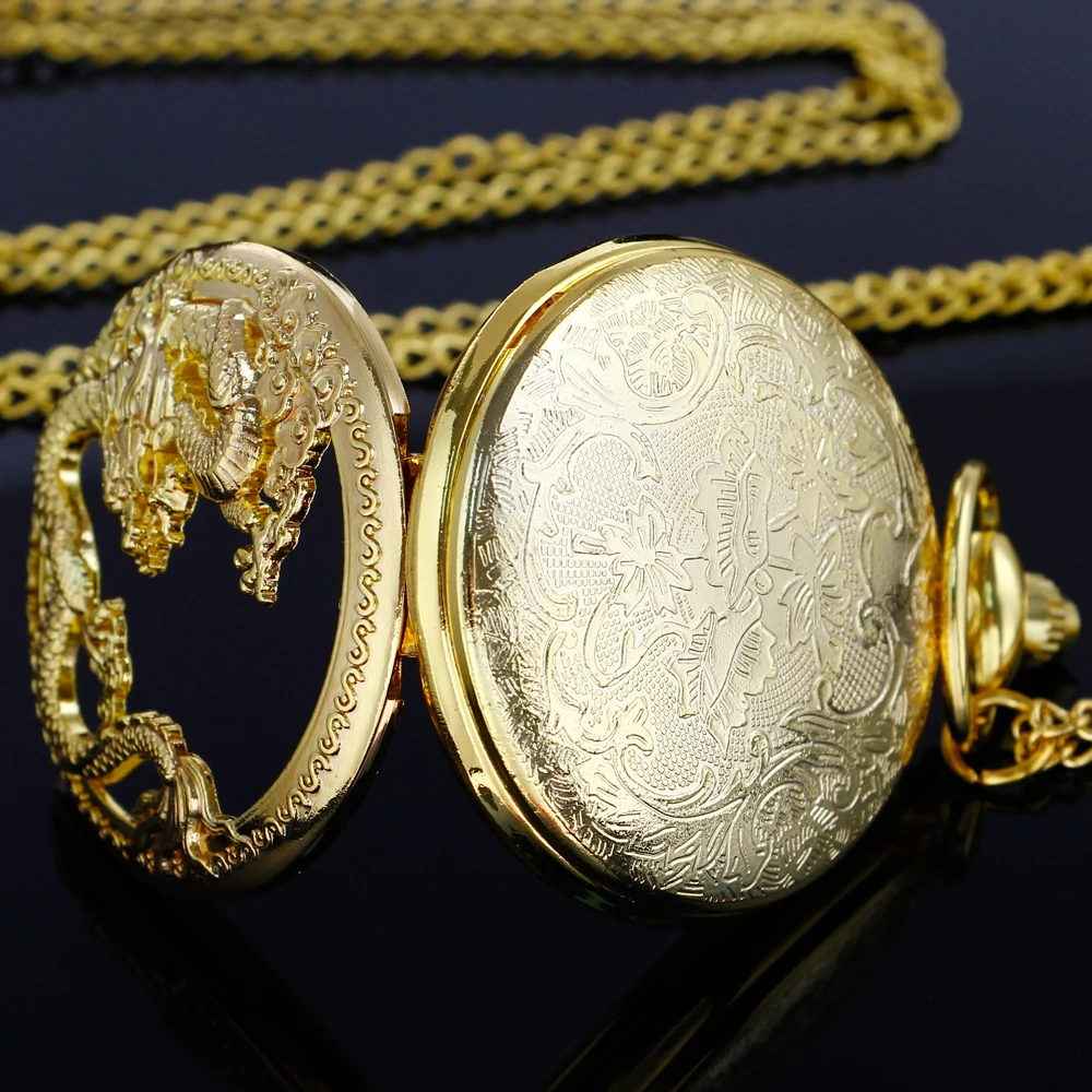 Luxury Gold Digital Golden Dragon Quartz Pocket Watch Men's High Quality Necklace Timing Pendant Women's Jewelry Gift Clock