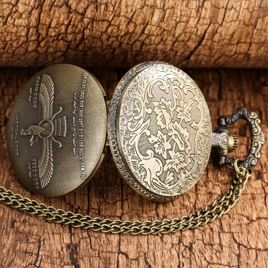 Bronze Fahrivar GOOD THOUGHT GOOD DEED GOOD WORD Quartz Pocket Watch Retro Religious Necklace Chain Pendant Timepiece Gifts Men