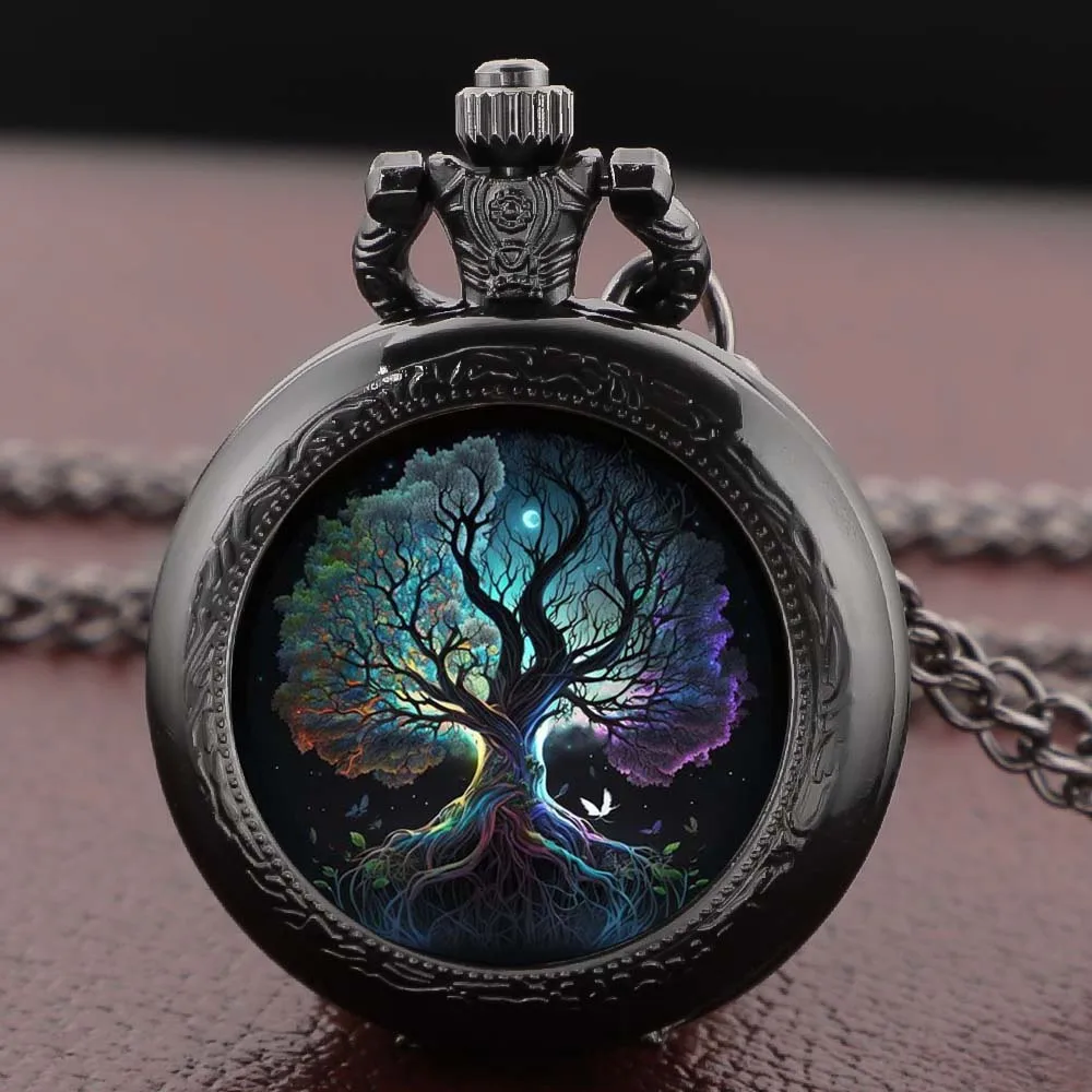 Artistic Tree of Life Pocket Watch Necklace Pendant, Exquisite Trendy Hanging Ornament for Both Men and Women Clock Gifts