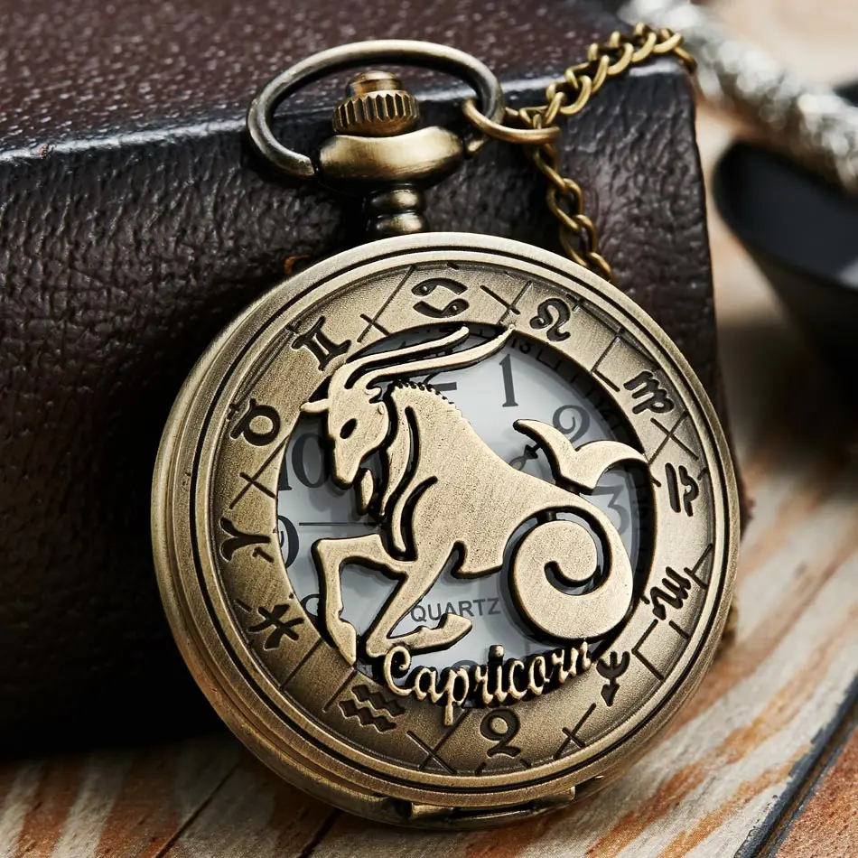 Vintage Bronze Steampunk Pattern Pocket Watch Zodiac Necklace Chain Retro Twelve 12 Constellation Men Women Clock Relogio Gifts