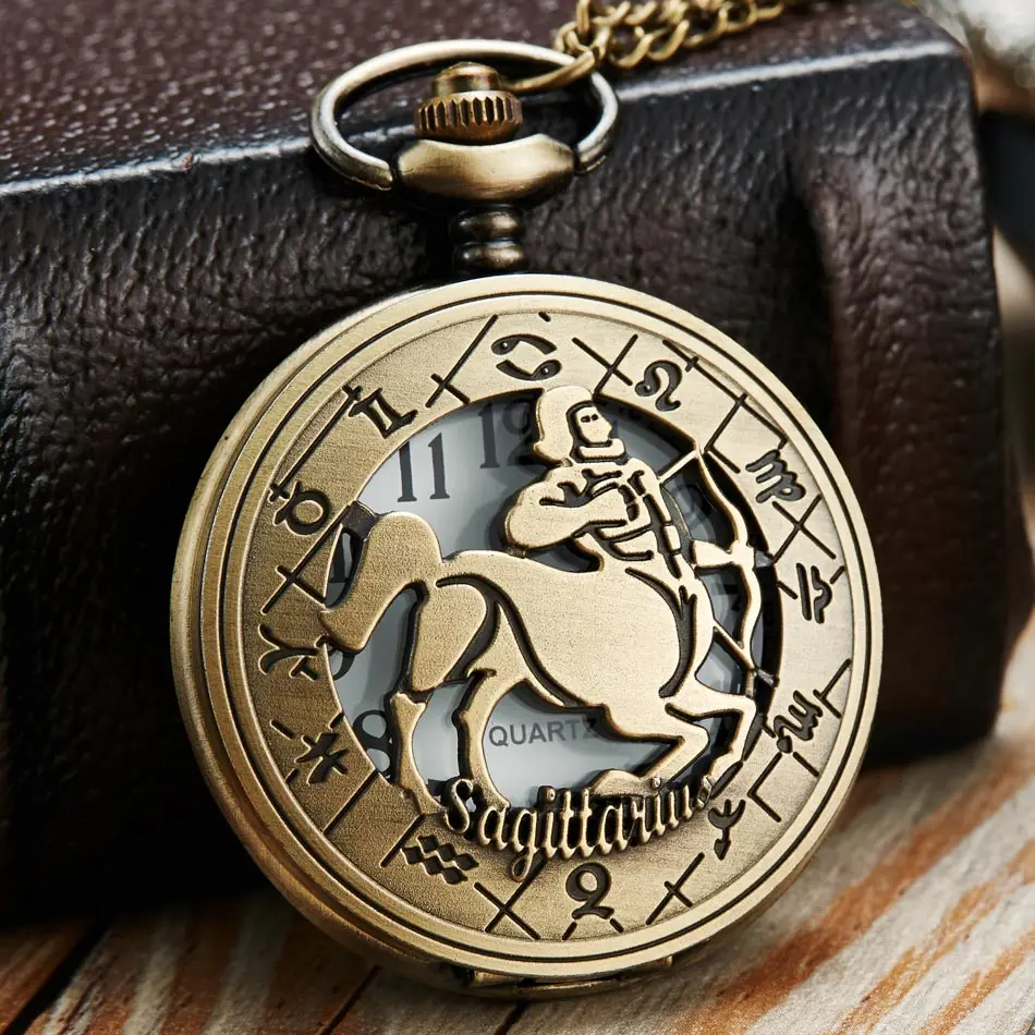 Vintage Bronze Steampunk Pattern Pocket Watch Zodiac Necklace Chain Retro Twelve 12 Constellation Men Women Clock Relogio Gifts