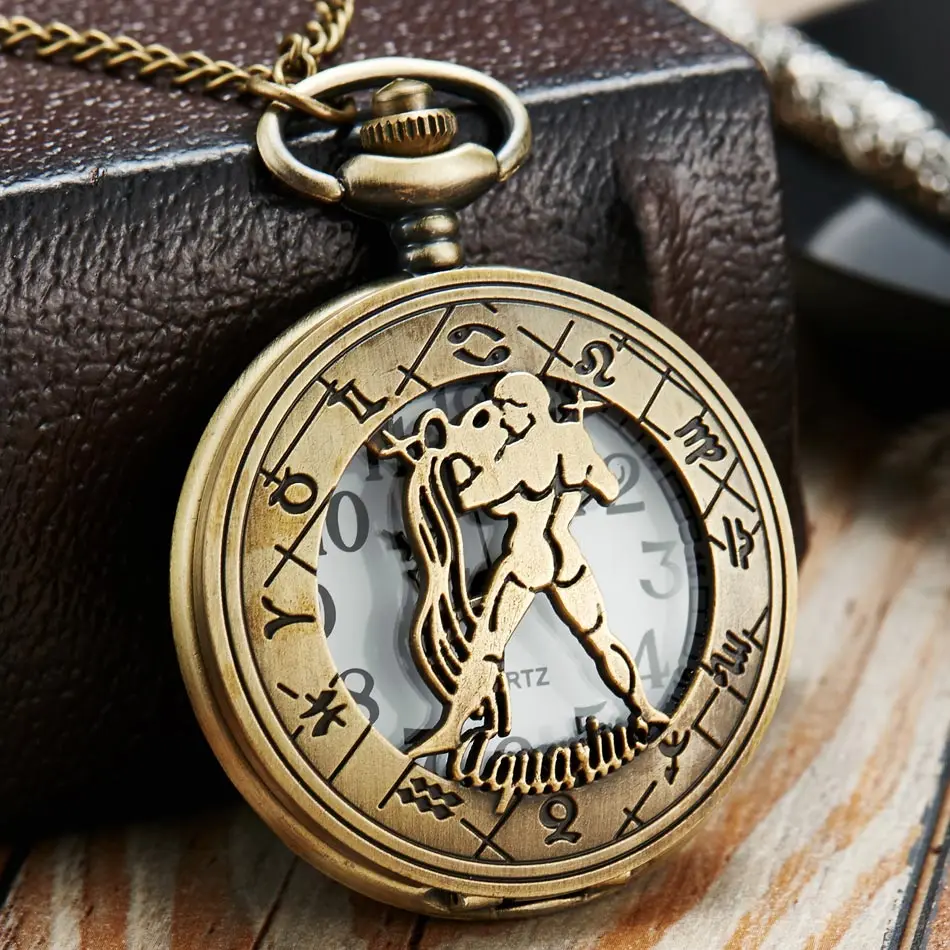 Vintage Bronze Steampunk Pattern Pocket Watch Zodiac Necklace Chain Retro Twelve 12 Constellation Men Women Clock Relogio Gifts