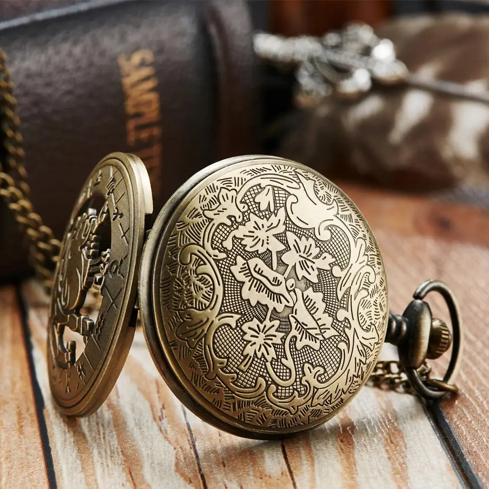 Vintage Bronze Steampunk Pattern Pocket Watch Zodiac Necklace Chain Retro Twelve 12 Constellation Men Women Clock Relogio Gifts