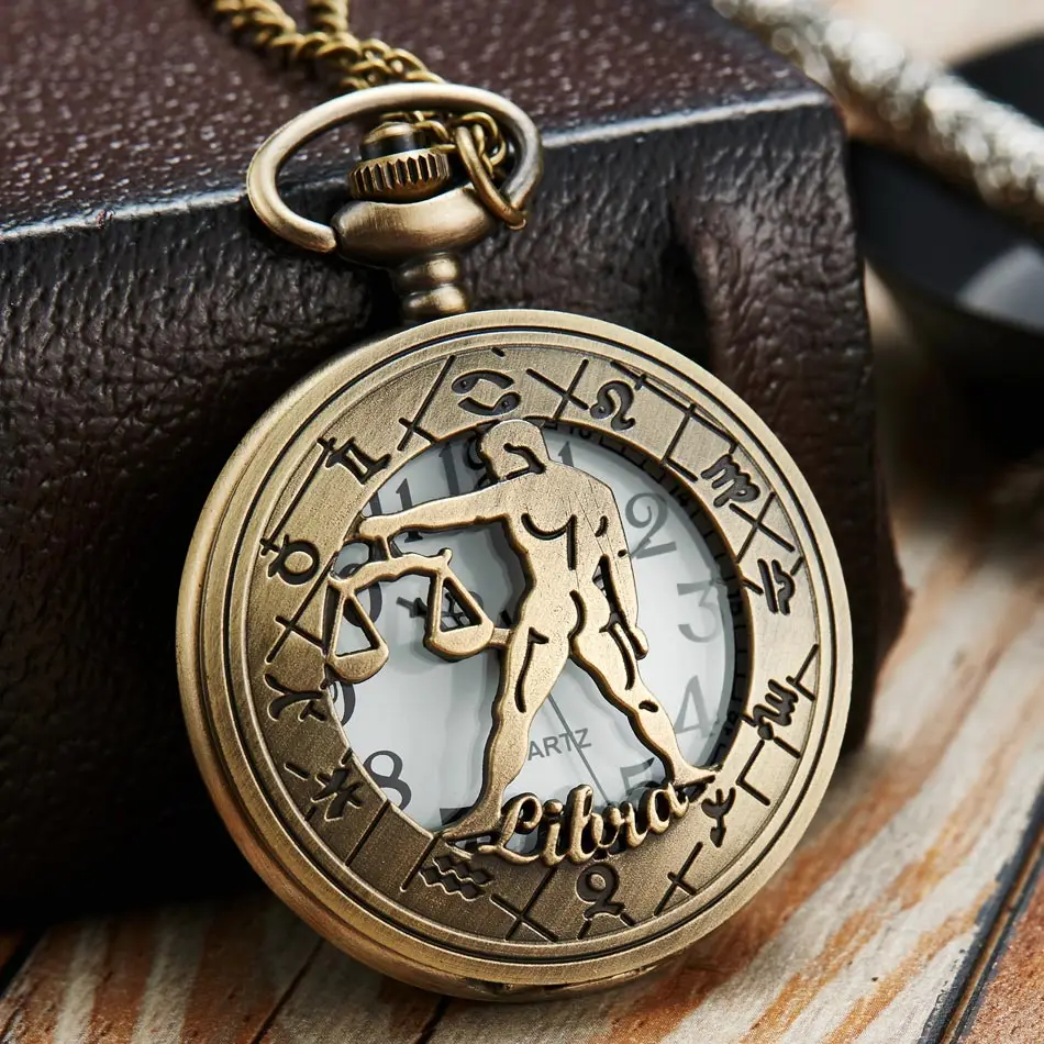 Vintage Bronze Steampunk Pattern Pocket Watch Zodiac Necklace Chain Retro Twelve 12 Constellation Men Women Clock Relogio Gifts