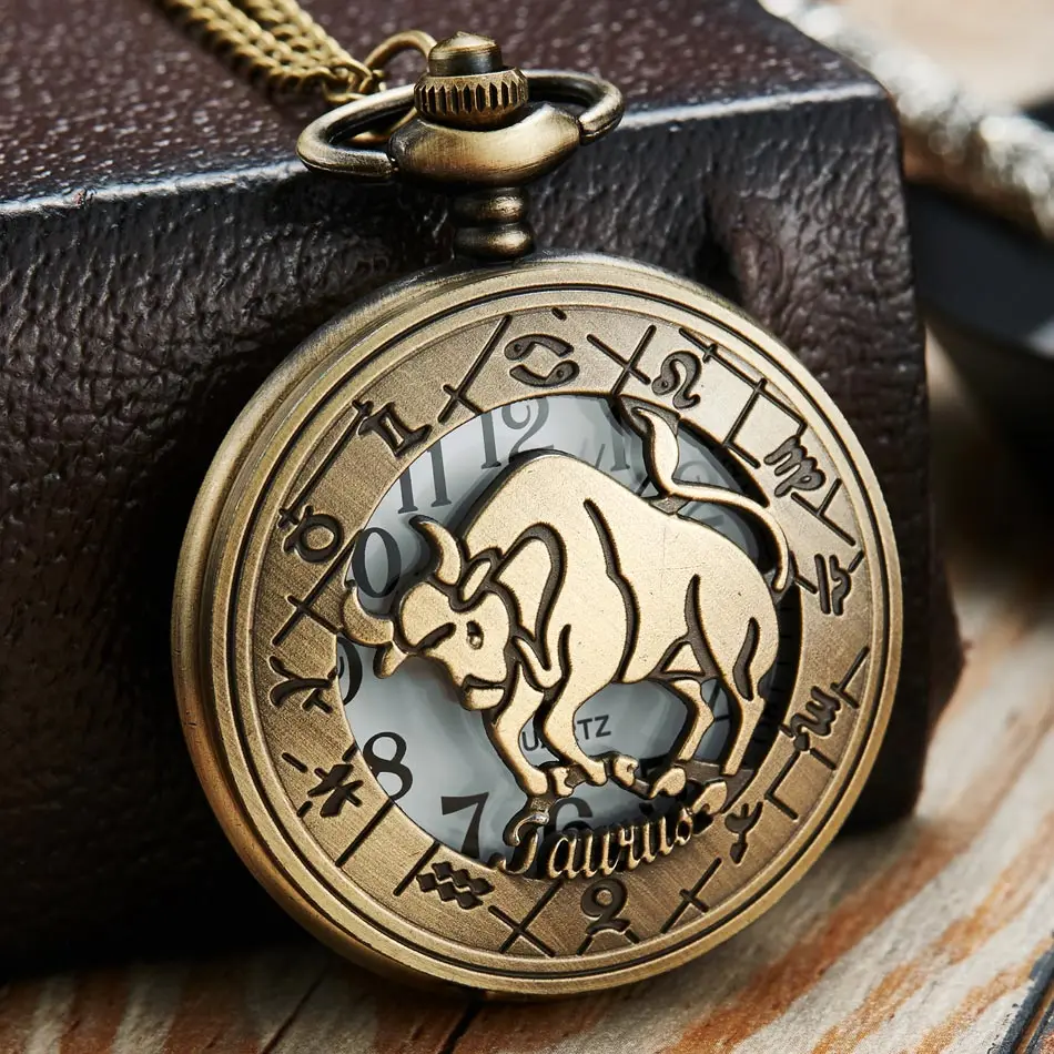 Vintage Bronze Steampunk Pattern Pocket Watch Zodiac Necklace Chain Retro Twelve 12 Constellation Men Women Clock Relogio Gifts