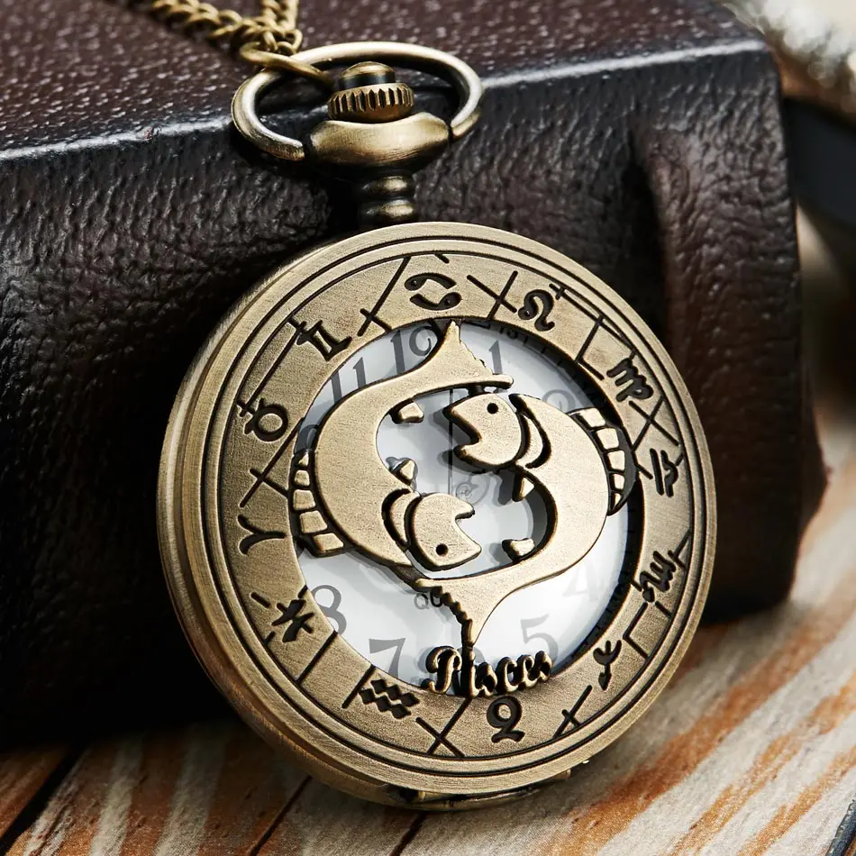 Vintage Bronze Steampunk Pattern Pocket Watch Zodiac Necklace Chain Retro Twelve 12 Constellation Men Women Clock Relogio Gifts